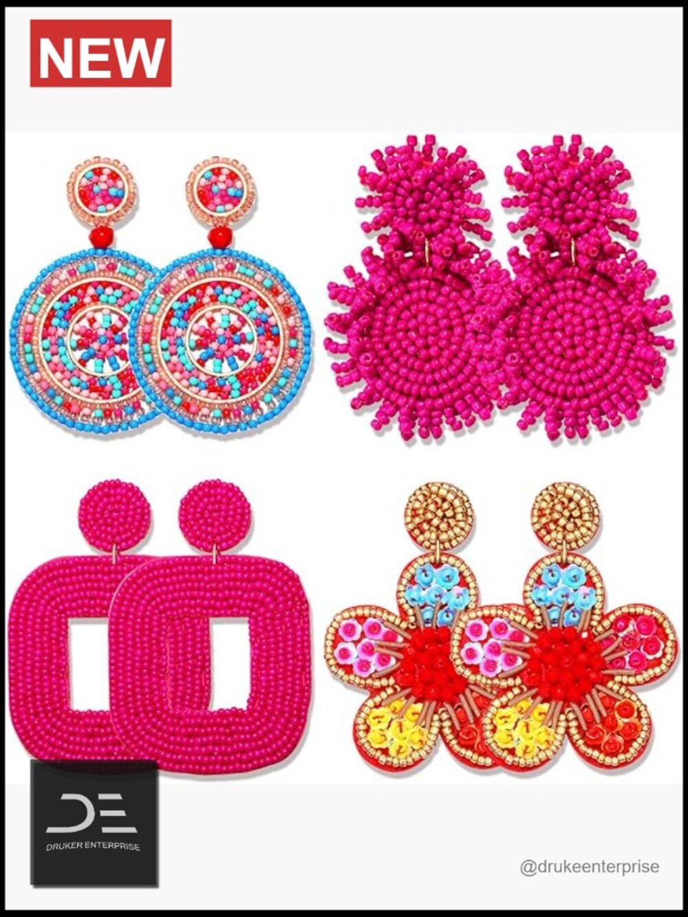 4 Pairs Beaded Earrings Boho Geometric Dangle Drop Flower Pineapple Handcrafted
